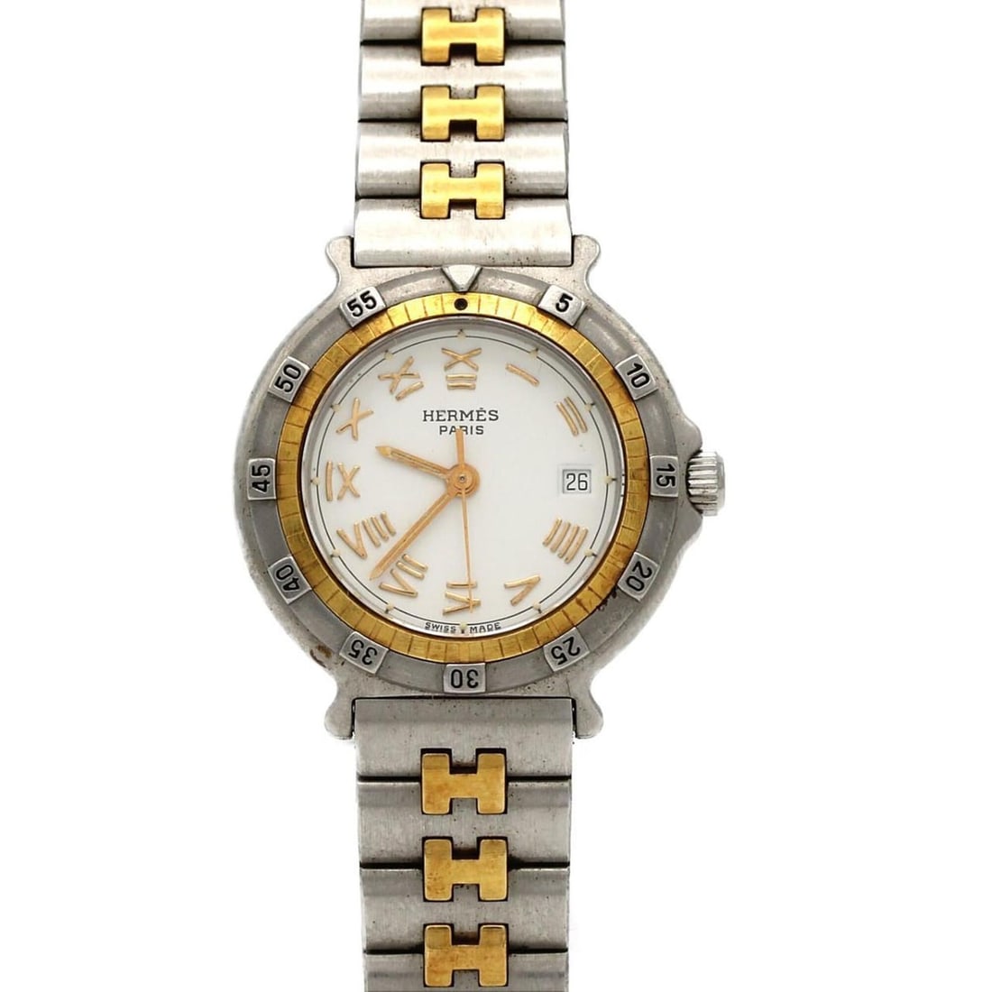 Hermes Captain Nemo Combination Stainless Steel x Gold-Plated Quartz Watch: --- Catalog ---Category: SizeWrist Size: 14cm / 5.51''Case Diameter: 27mm / 1.06''Category: DesignType: WristwatchGender: WomenColor (Dial): WhiteMaterial (Band): Gold plated, Stainless steelMaterial 