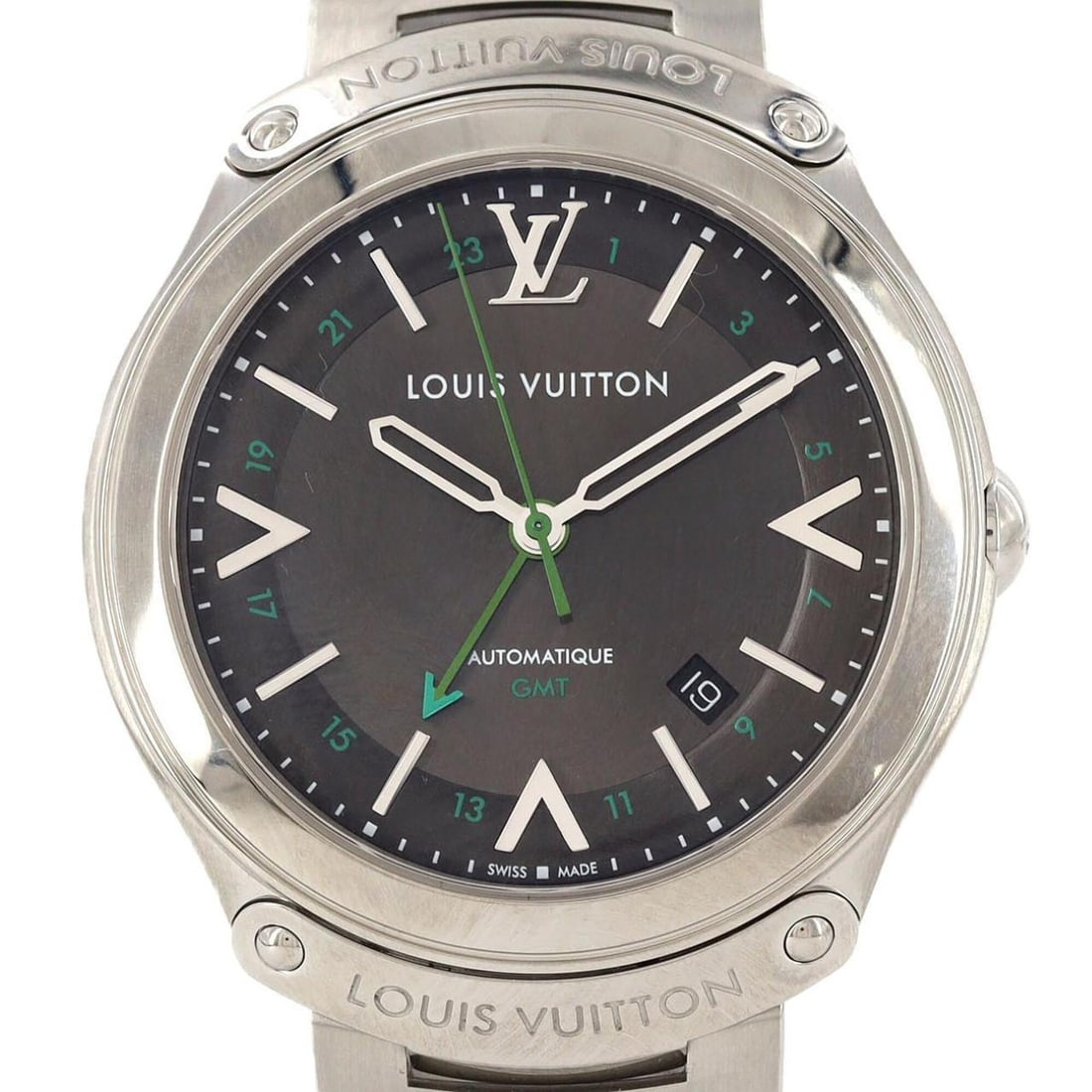 Louis Vuitton LV Fifty-Five GMT Q6D30 SS Automatic Watch: --- Catalog ---Category: SizeWrist Size: 18.5cm / 7.28''Case Diameter: 41mm / 1.61''Category: DesignType: WristwatchGender: MenColor (Dial): GrayMaterial (Band): Stainless steelMaterial (Case): Stainl