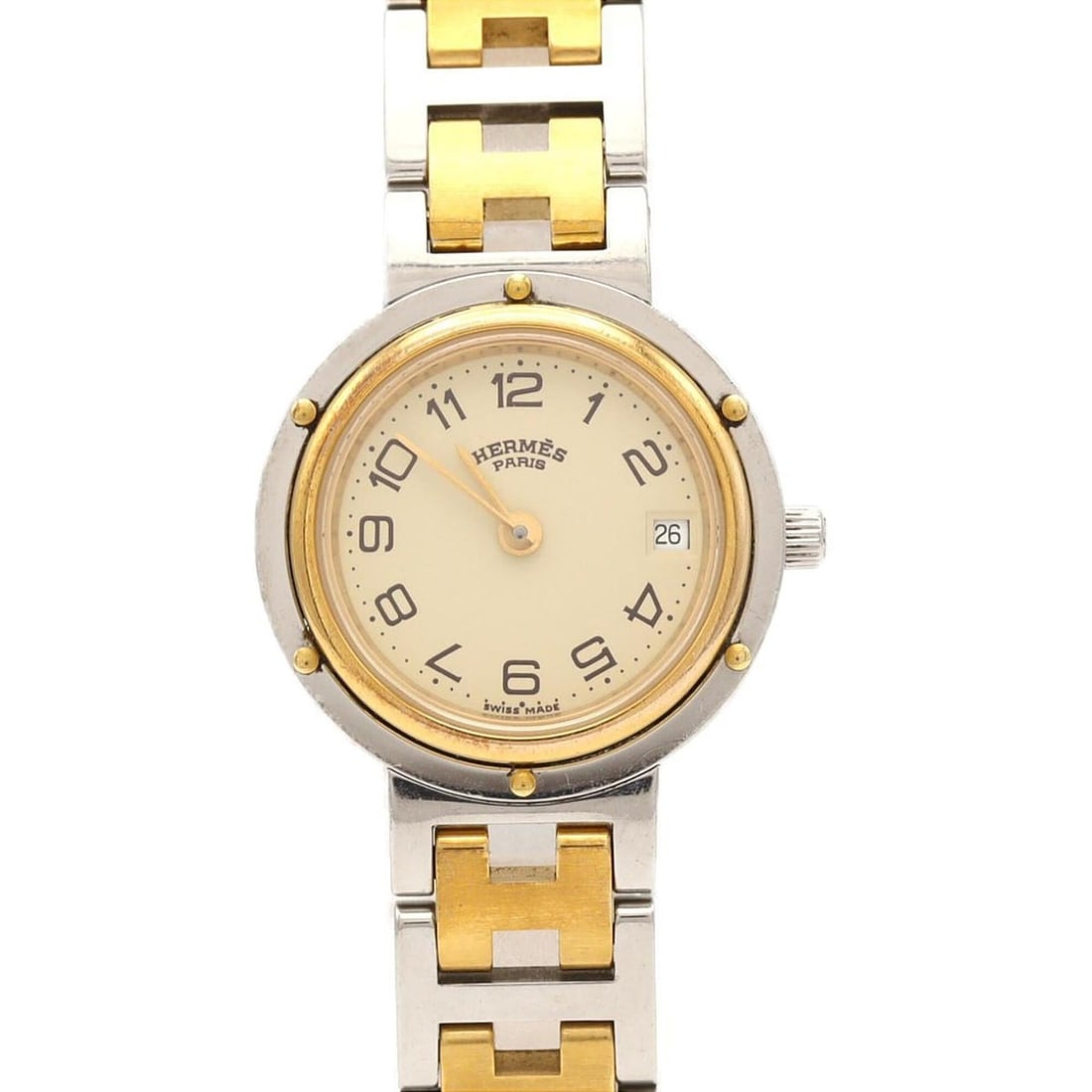 Hermes Clipper Combination SSxGP Quartz Watch: --- Catalog ---Category: SizeWrist Size: 17cm / 6.69''Case Diameter: 24mm / 0.94''Category: DesignType: WristwatchGender: WomenColor (Dial): IvoryMaterial (Band): Gold plated, Stainless steelMaterial 