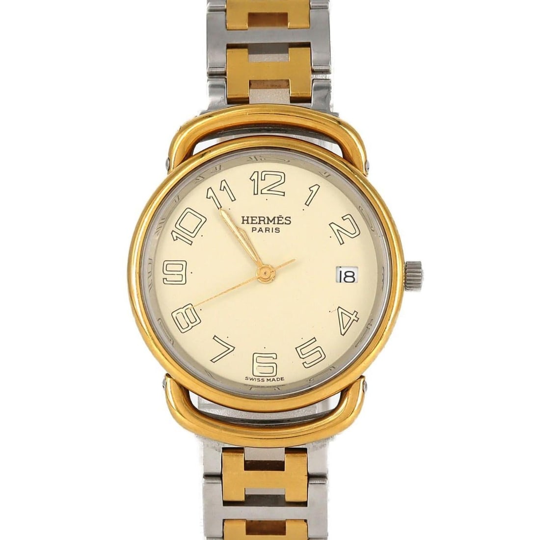 Hermes Pullman Two-Tone Stainless Steel x Gold-Plated Quartz Watch: --- Catalog ---Category: SizeWrist Size: 17cm / 6.69''Case Diameter: 31mm / 1.22''Category: DesignType: WristwatchGender: WomenColor (Dial): IvoryMaterial (Band): Gold plated, Stainless steelMaterial 