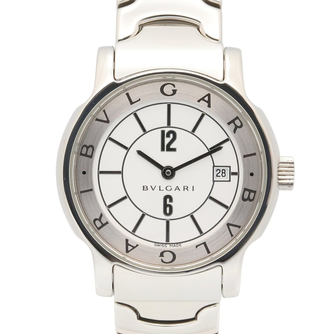 Bulgari BVLGARI Solo Tempo Watch, Stainless Steel, Women's, White (ST29S): --- Catalog ---Category: SizeWrist Size: 15cm / 5.9''Case Diameter: 29mm / 1.14''Category: DesignType: WristwatchGender: WomenColor (Dial): WhiteMaterial (Band): Stainless steelMaterial (Case): Stainl