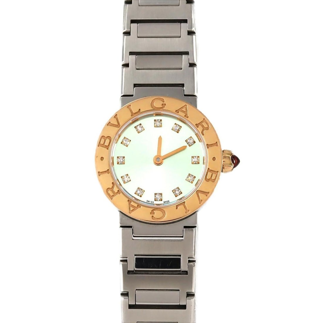 Bvlgari PG Combination 12P LIMITED BB23SG 103860 SSxPG Quartz Watch: --- Catalog ---Category: SizeWrist Size: 15cm / 5.9''Case Diameter: 23mm / 0.91''Category: DesignType: WristwatchGender: WomenColor (Dial): GreenMaterial (Band): Stainless steelMaterial (Case): Pink g