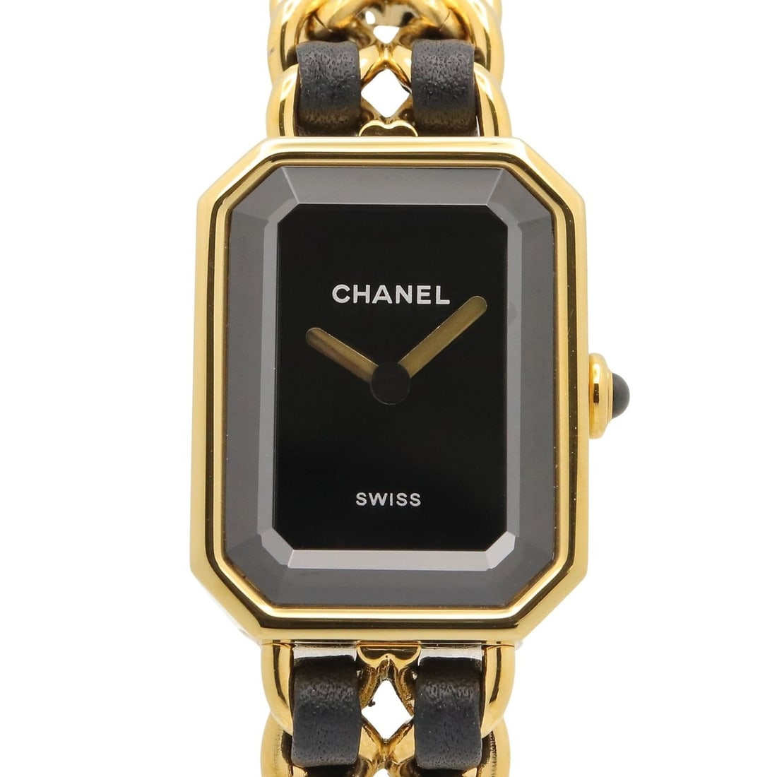 Chanel Première Original Edition M Watch, Gold Plated Leather Strap, Women's, Black, H6951: --- Catalog ---Category: SizeWrist Size: 14cm / 5.51''Case Diameter: 20mm / 0.79''Category: DesignType: WristwatchGender: WomenColor (Dial): BlackMaterial (Band): Gold plated, LeatherMaterial (Case): 