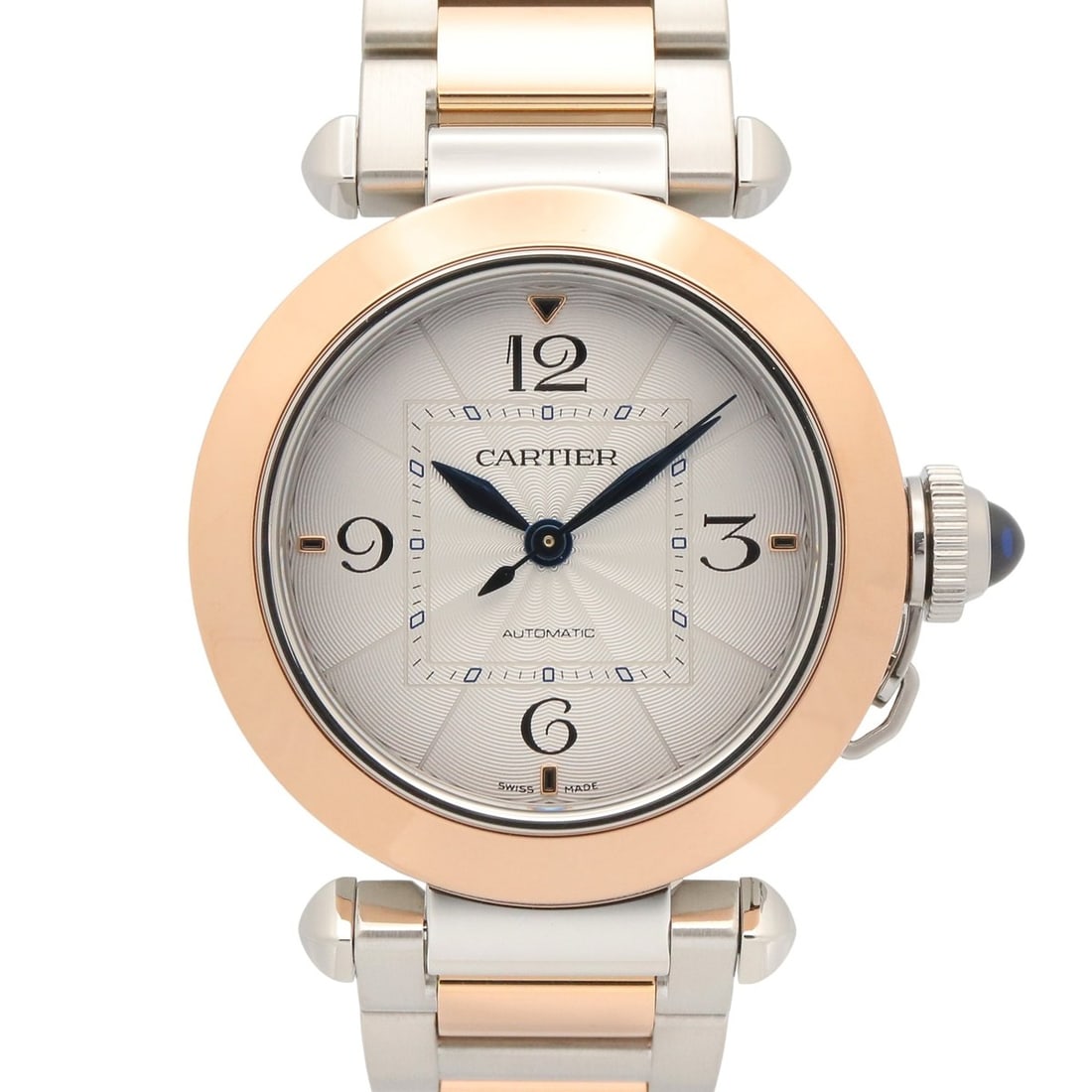 Cartier Pasha de watch, 18K pink gold (PG) stainless steel, boys' size, silver tone, W2PA0008: --- Catalog ---Category: SizeWrist Size: 16.5cm / 6.49''Case Diameter: 35mm / 1.38''Category: DesignType: WristwatchGender: Women,MenColor (Dial): SilverMaterial (Band): Pink gold (18K), Stainless ste