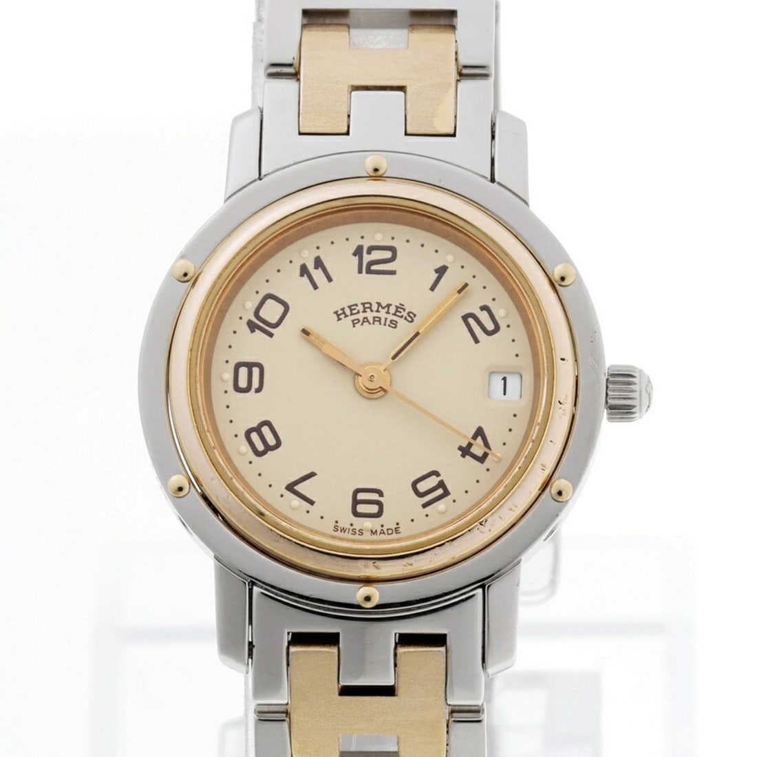 Hermes Clipper CL3.240.130.3-22 Beige Quartz Watch: --- Catalog ---Category: SizeWrist Size: 15cm / 5.9''Case Diameter: 24mm / 0.94''Category: DesignType: WristwatchGender: Men,WomenColor (Dial): BeigeMaterial (Band): Gold plated, Stainless steelMateri