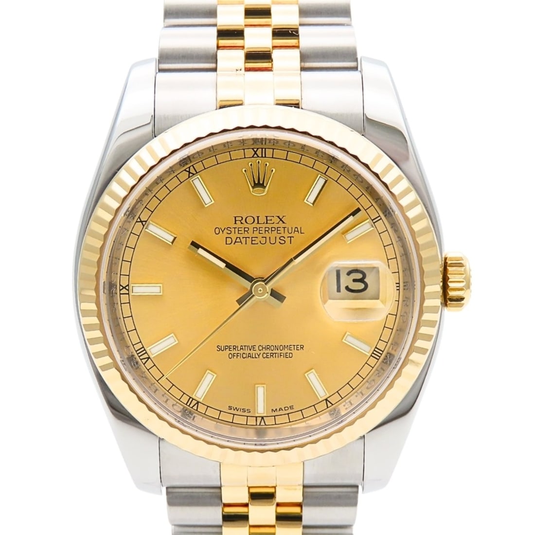 Rolex Datejust 116233 Stainless Steel & 18K Yellow Gold Combination Men's Watch ROLEX: --- Catalog ---Category: SizeWrist Size: 17.5cm / 6.88''Case Diameter: 36mm / 1.42''Category: DesignType: WristwatchGender: MenColor (Dial): ChampagneMaterial (Band): Stainless steel, Yellow gold (18K