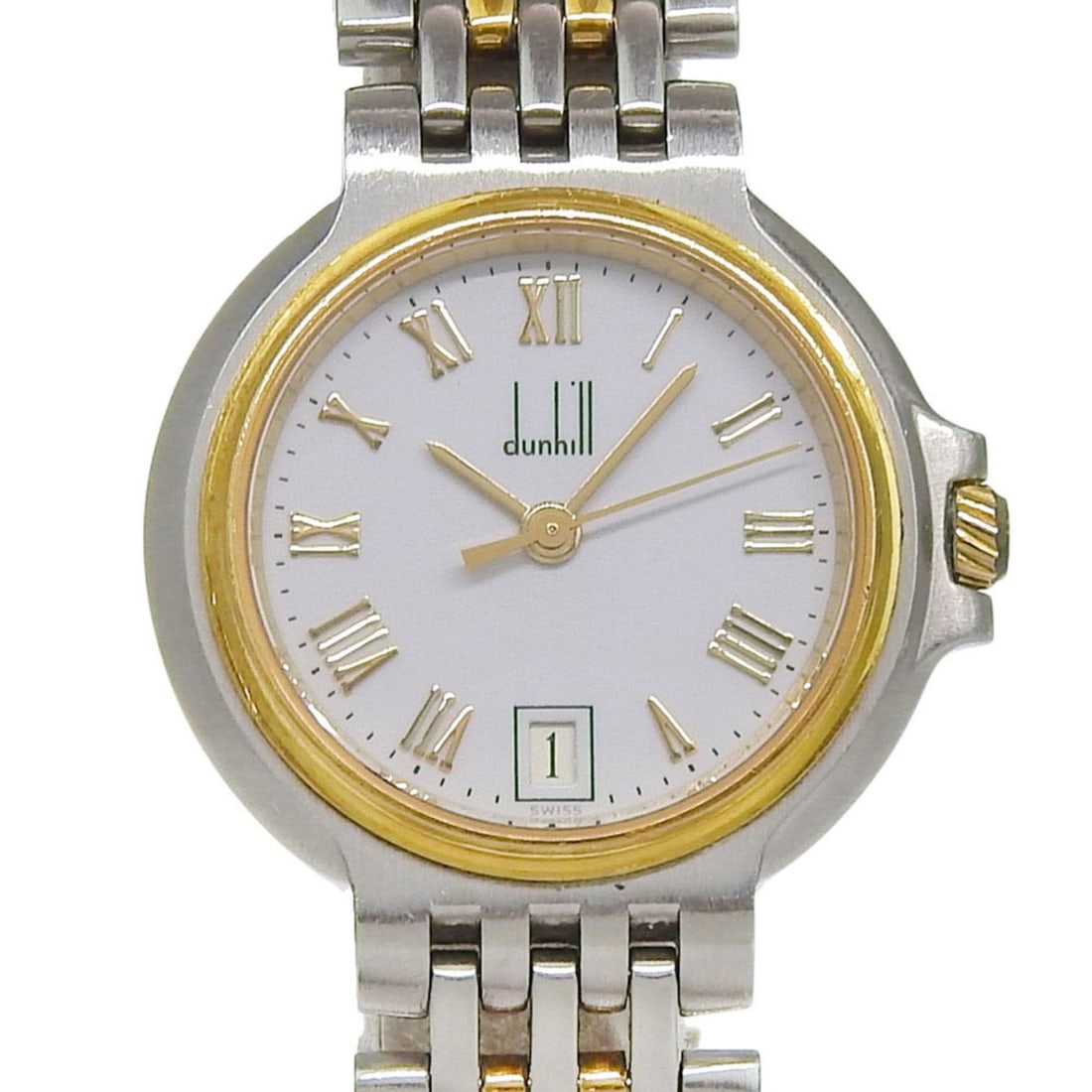 Dunhill Elite Date White Dial 18K Yellow Gold Stainless Steel 40.7g Quartz Battery Approx. 27mm: --- Catalog ---Category: SizeWrist Size: 16cm / 6.29''Case Diameter: 27mm / 1.06''Category: DesignType: WristwatchGender: WomenColor (Dial): WhiteMaterial (Band): Stainless steel, Yellow gold (18K)Mat