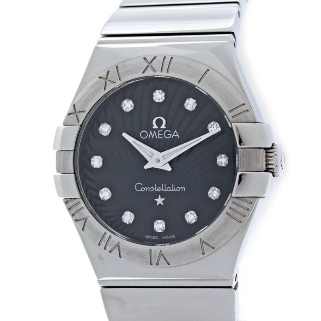 OMEGA Constellation Polished 12-Diamond Watch 123.10.27.60.51.002 Women's Stainless Steel 40353: --- Catalog ---Category: SizeWrist Size: 17cm / 6.69''Case Diameter: 27mm / 1.06''Category: DesignType: WristwatchGender: WomenColor (Dial): BlackMaterial (Band): Stainless steelMaterial (Case): Stain