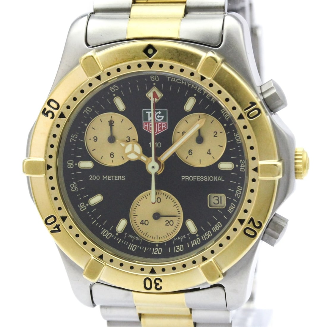 TAG HEUER 2000 Professional Chronograph Gold Plated Steel Watch CE1120: --- Catalog ---Category: SizeCase Diameter: 38mm / 1.5''Category: DesignType: WristwatchStyle: SportGender: MenColor (Dial): BlackMaterial (Band): Gold plated, Stainless steelMaterial (Case): Gold pla