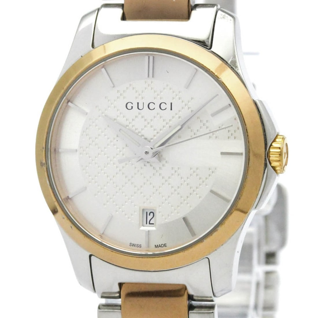 GUCCI G-Timeless Pink Gold Plated Steel Quartz Ladies Watch YA126528 126.5: --- Catalog ---Category: SizeCase Diameter: 27mm / 1.06''Category: DesignType: WristwatchStyle: Dress/FormalGender: WomenColor (Dial): SilverMaterial (Band): Pink gold plated, Stainless steelMaterial 