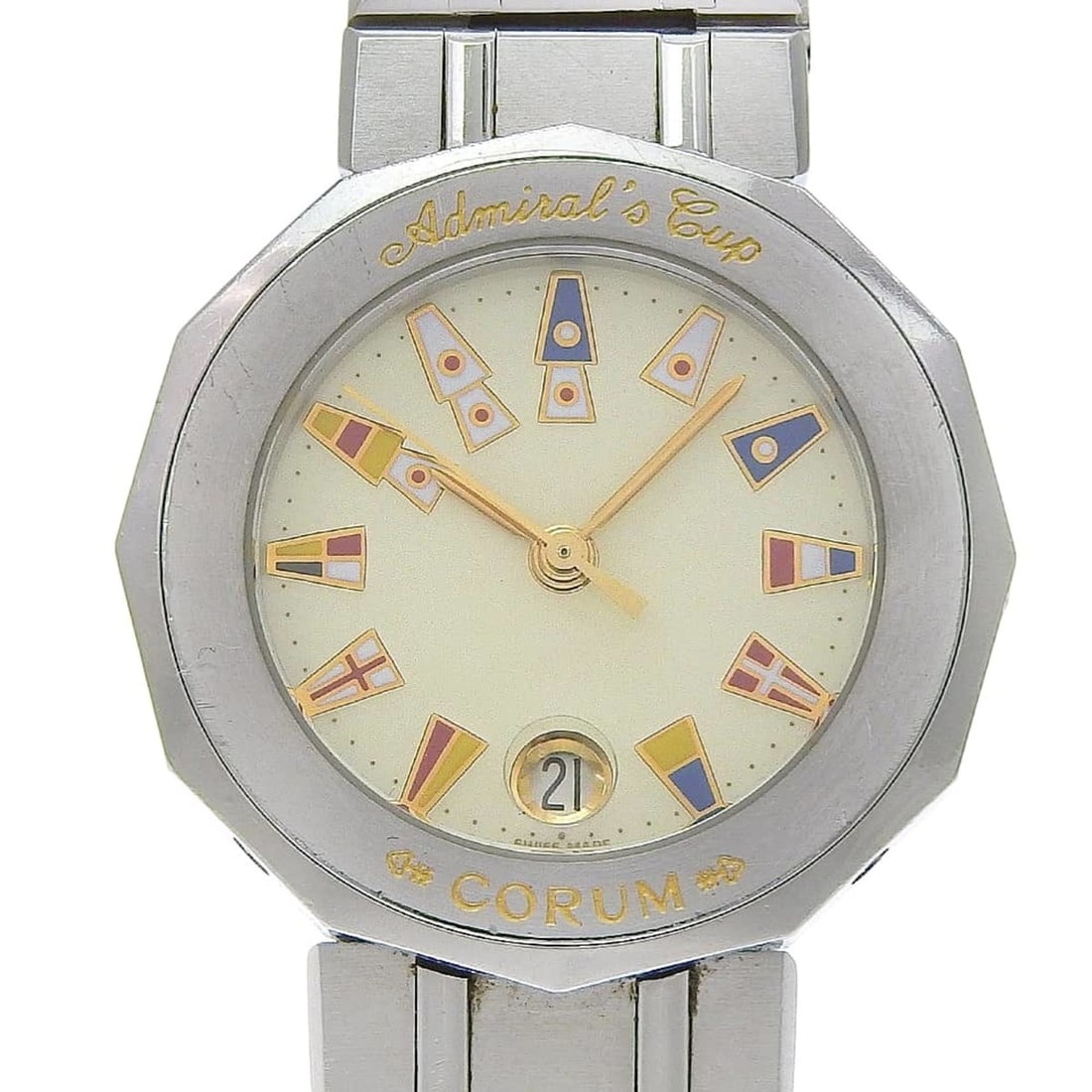 Corum Admirals Cup Watch 39.610.20 V050 Stainless Steel Silver Quartz Analog Ivory Dial Women's: --- Catalog ---Category: SizeWrist Size: 16cm / 6.29''Case Diameter: 27mm / 1.06''Category: DesignType: WristwatchGender: WomenColor (Dial): IvoryMaterial (Band): Stainless steelMaterial (Case): Stain