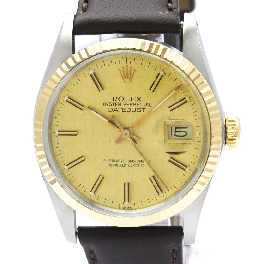 ROLEX Datejust 16013 18K Gold Steel Automatic Mens Watch Polished: --- Catalog ---Category: SizeCase Diameter: 36mm / 1.42''Category: DesignType: WristwatchStyle: Dress/FormalGender: MenColor (Dial): GoldMaterial (Band): LeatherMaterial (Case): Stainless steel, Yello
