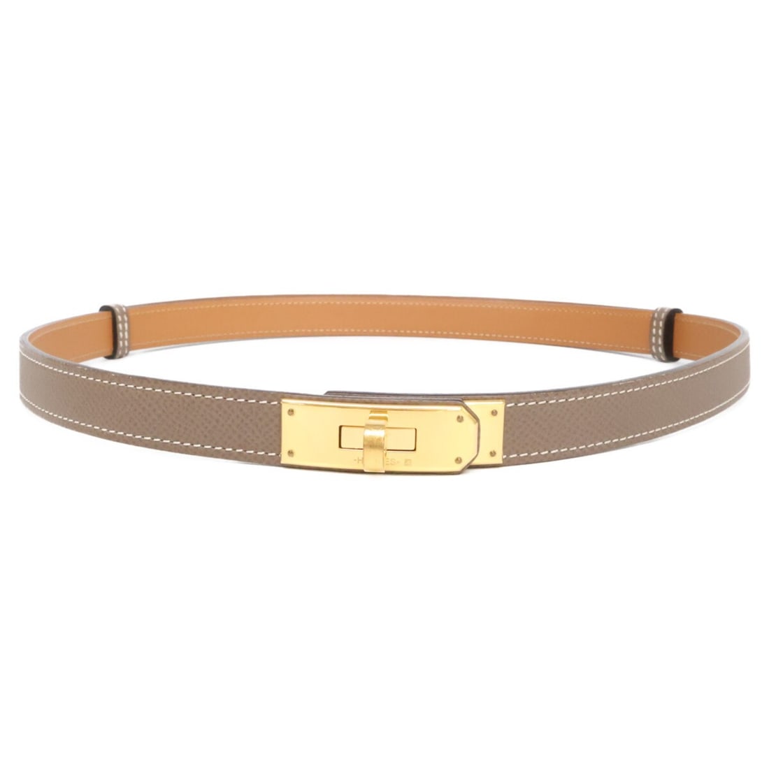 HERMES Kelly Belt, Y-stamp, Veau Epsom leather, 18 oz, Etoupe with gold hardware, women's.: --- Catalog ---Category: SizeLength: 55cm - 100cm / 21.65'' - 39.36''Category: DesignType: Standard beltGender: WomenLeather/Fur Type: Epsom leatherMaterial (Strap): Leather Category: GeneralBrand: He