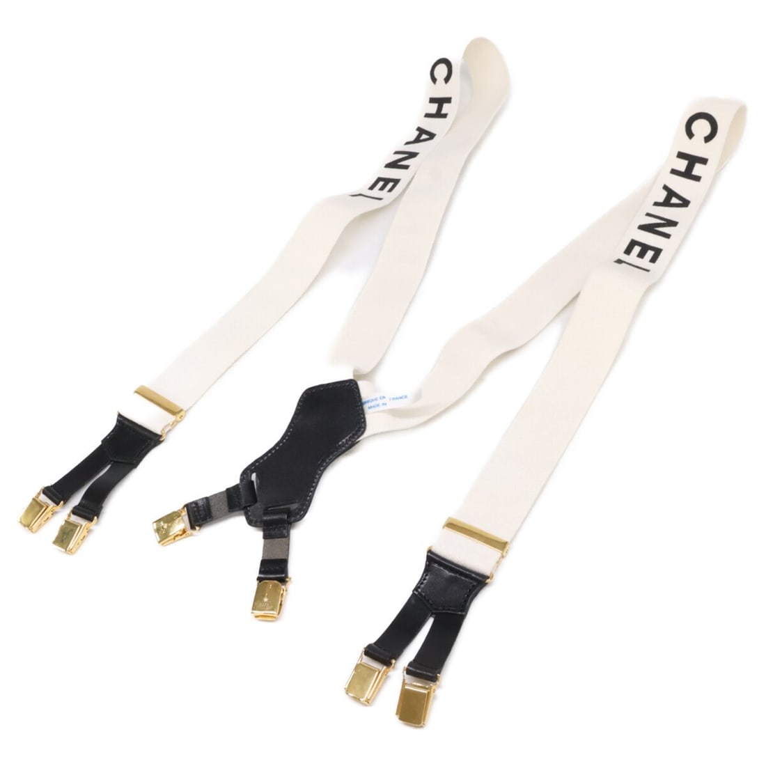 CHANEL 97P Leather Fabric Logo Design Suspender Belt White x Black Gold Hardware Women's: --- Catalog ---Category: SizeSize (HxW): 3.5cm / 1.37''Category: DesignType: X-typeColor: Black, WhiteGender: WomenMaterial: Fabric Category: GeneralBrand: Chanel--- Item List ---Section: ConditionRan