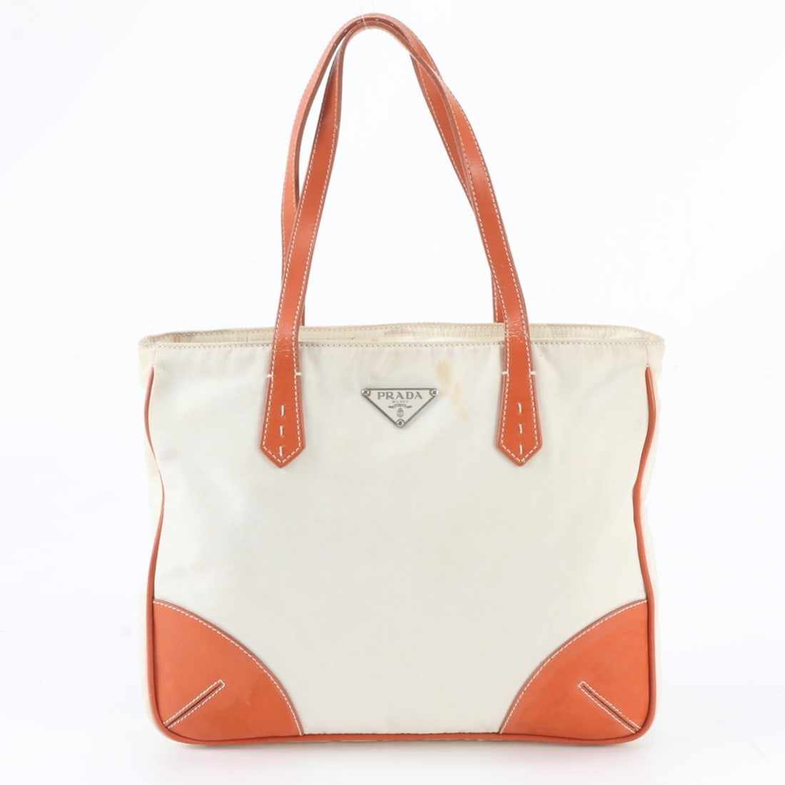 Prada Tessuto Nylon Triangle Logo Leather Handbag Tote Bag - Brand Name Women's: --- Catalog ---Category: SizeSize (HxWxD): 21cm x 26cm x 5cm / 8.26'' x 10.23'' x 1.96''Handle Length: 41cm / 16.14''Category: DesignType: Handbag, Tote bagColor: Ivory, OrangeGender: WomenMaterial: N