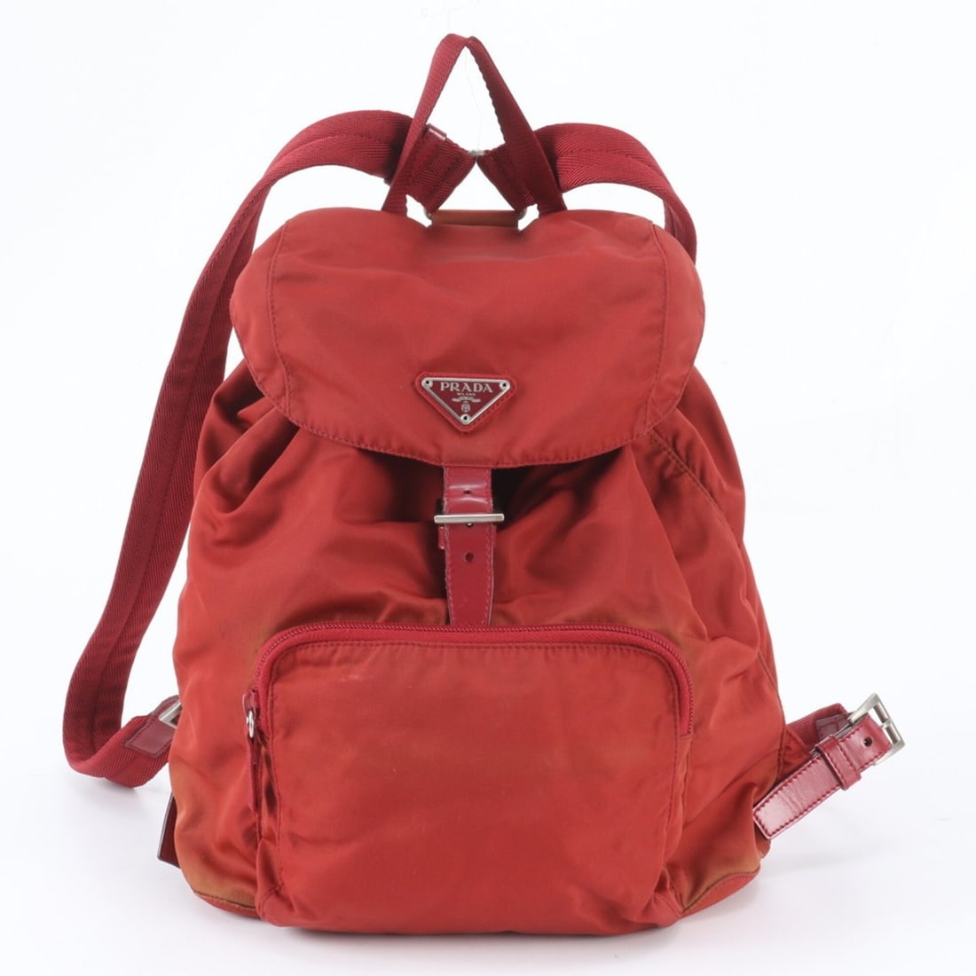 Prada Tessuto Nylon Triangle Logo Leather Backpack Shoulder Bag Handbag for Women: --- Catalog ---Category: SizeSize (HxWxD): 30cm x 27cm x 14cm / 11.81'' x 10.62'' x 5.51''Strap Length: 70cm / 27.55''Handle Length: 22cm / 8.66''Category: DesignType: BackpackColor: Red colorGender: 