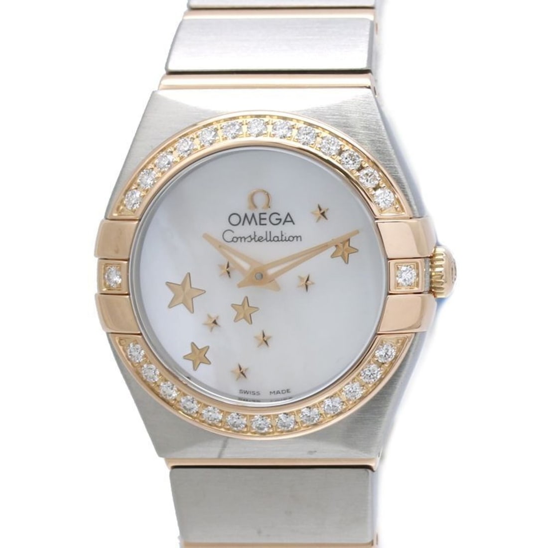 OMEGA Constellation Brushed Star Blue Diamond Bezel 123.25.24.60.05.002 Women's Watch SSx18KPG 40503: --- Catalog ---Category: SizeWrist Size: 16.5cm / 6.49''Case Diameter: 24mm / 0.94''Category: DesignType: WristwatchGender: WomenColor (Dial): White shellMaterial (Band): Pink gold (18K), Stainless st