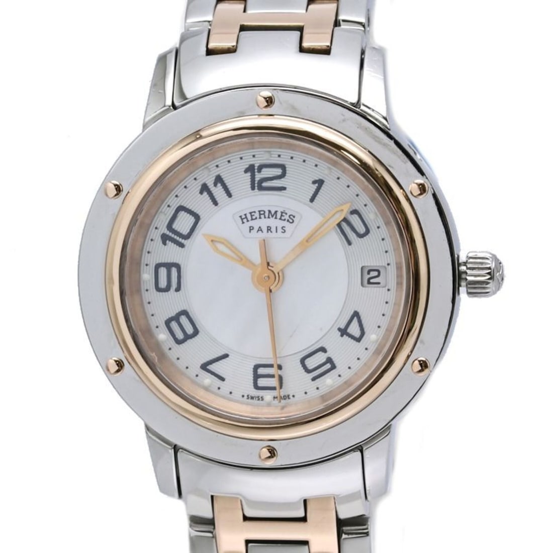 HERMES Clipper Classic Nacre CP1.221.212 4970 Women's Watch SSxPGP (Plated) 40520: --- Catalog ---Category: SizeWrist Size: 16.5cm / 6.49''Case Diameter: 24mm / 0.94''Category: DesignType: WristwatchGender: WomenColor (Dial): White shellMaterial (Band): Pink gold plated, Stainless s