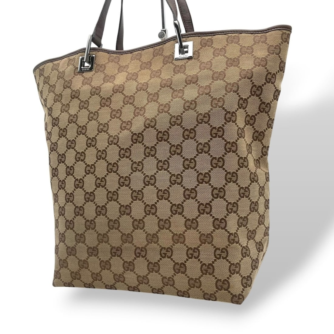 Gucci Tote Bag Handbag GG Canvas Leather Beige Dark Brown Silver Hardware U16: --- Catalog ---Category: SizeSize (HxWxD): 32cm x 37cm x 12cm / 12.59'' x 14.56'' x 4.72''Category: DesignType: Handbag, Tote bagColor: BrownGender: WomenMaterial: Canvas , Leather Category: GeneralMP