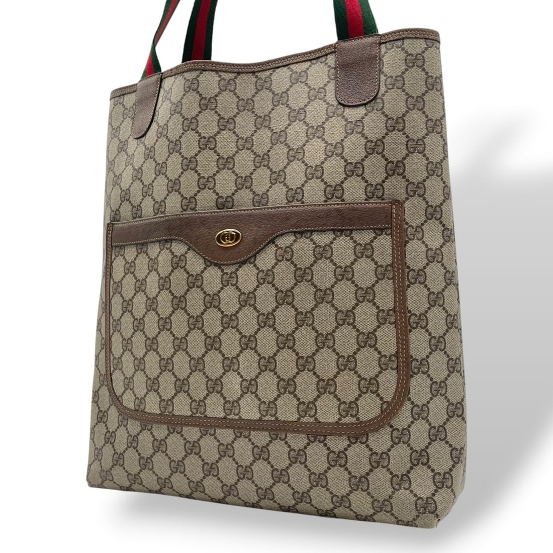 Gucci Tote Bag Handbag Old Sherry Line GG Plus Leather Greige Dark Brown Gold Hardware A8: --- Catalog ---Category: SizeSize (HxWxD): 36cm x 31cm x 9cm / 14.17'' x 12.2'' x 3.54''Category: DesignType: Handbag, Tote bagColor: Dark brown, GrayishGender: WomenMaterial: PVC , Leather Category: 