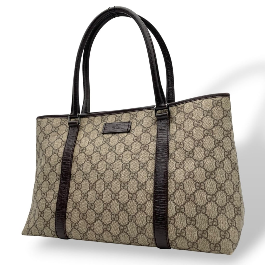 Gucci Tote Bag Handbag GG Supreme PVC Leather Greige Dark Brown Silver Hardware D: --- Catalog ---Category: SizeSize (HxWxD): 24cm x 38cm x 14cm / 9.44'' x 14.96'' x 5.51''Category: DesignType: Handbag, Tote bagColor: Dark brown, GrayishGender: WomenMaterial: PVC , Leather Category: