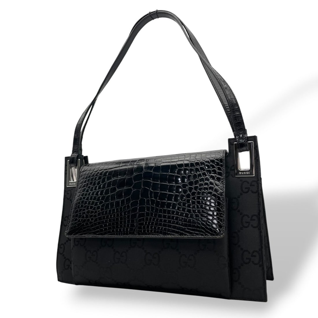 Gucci One-Shoulder Bag, Handbag, Women's, Nylon, Embossed Leather, Black, Silver Hardware, GG (1 of 20)