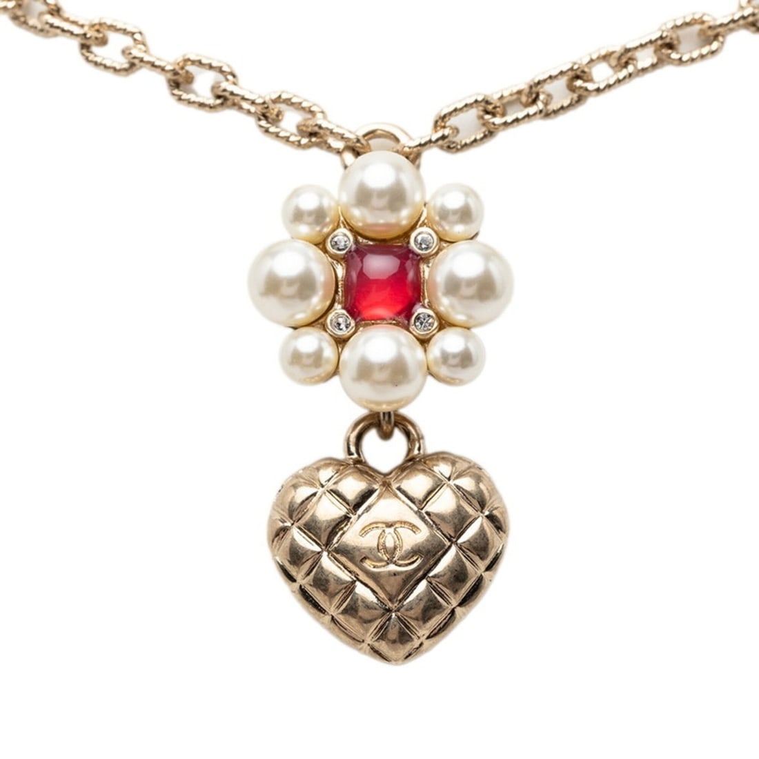 Chanel Coco Mark Heart Flower Pendant Necklace B21P Gold Plated Faux Pearl Stone Women's CHANEL: --- Catalog ---Category: SizePendant Size: 38.7mm x 18.6mm / 1.52'' x 0.73''Neck Circumference: 52 cm / 20.47''Category: DesignColor: GoldGender: WomenNecklace Type: NecklaceCategory: GeneralBrand: Ch