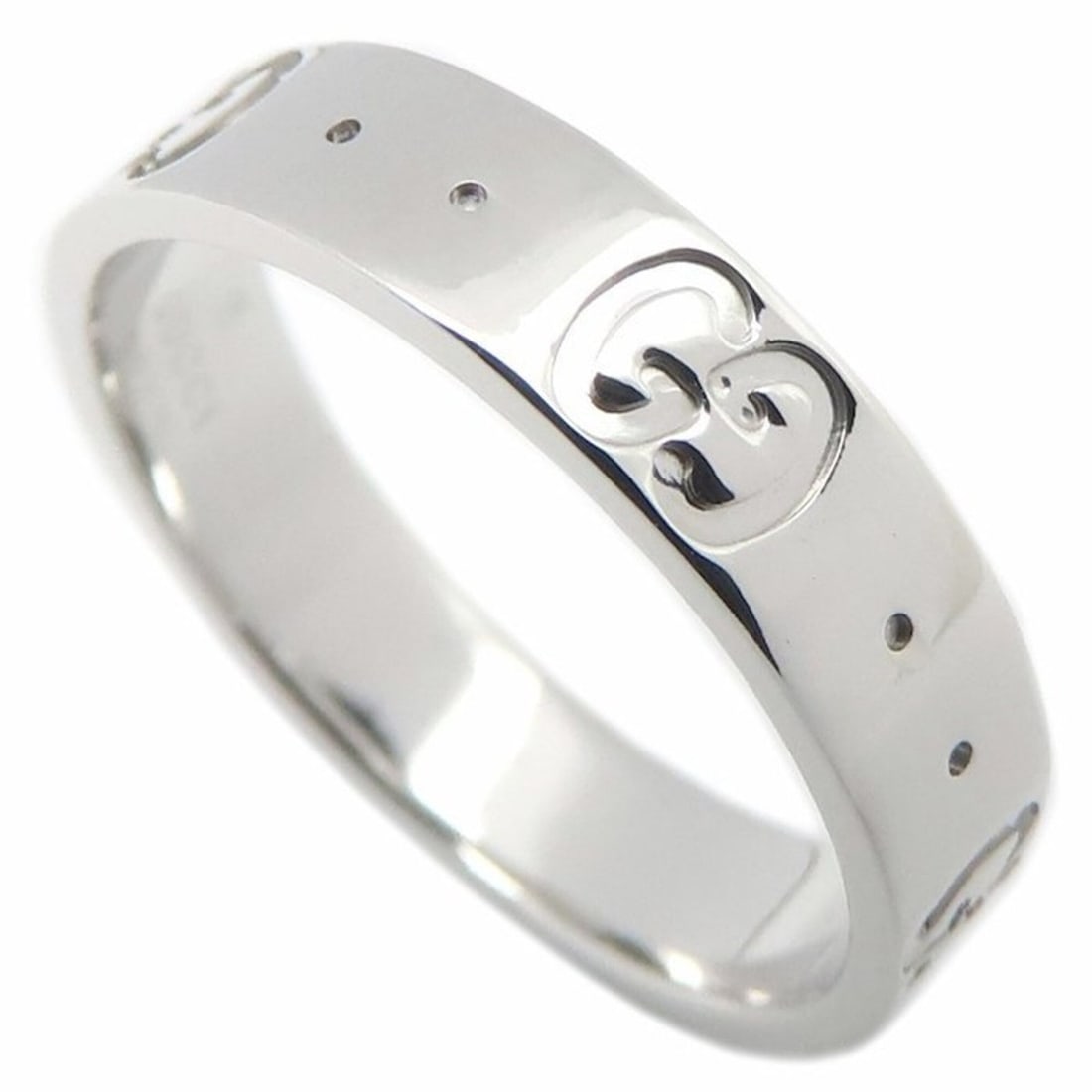 GUCCI Icon Ring, Size #9, 18K White Gold, Women's, Item Number 295668: --- Catalog ---Category: SizeWidth: 3.9mm / 0.15''Weight: 3.2g / 0.11oz.JP Size: 8.5US Size: 4.5Category: DesignType: Band ringGender: WomenMaterial: White gold (18K)Category: GeneralLine: IconBrand: 