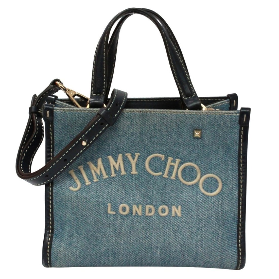 JIMMY CHOO Varenne Tote Bag Handbag Denim Leather Blue Navy Women's: --- Catalog ---Category: SizeSize (HxWxD): 16cm x 20cm x 8cm / 6.29'' x 7.87'' x 3.14''Category: DesignType: HandbagColor: Blue, NavyGender: WomenMaterial: Denim , Leather Category: GeneralBrand: Jimm