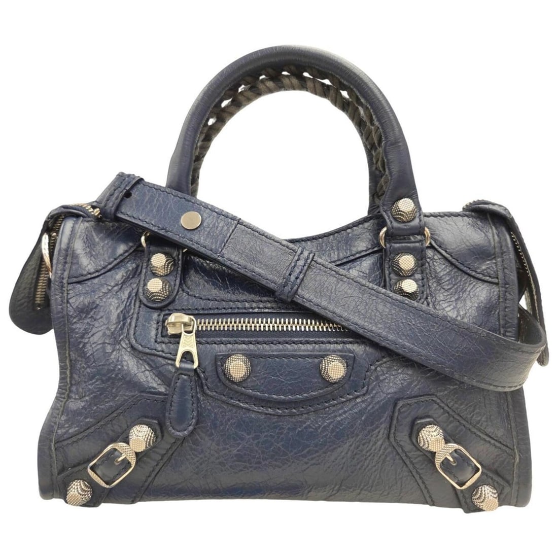 BALENCIAGA CLASSIC MINI CITY 519938 Mini City Handbag Navy Shoulder Bag for Women and Men: --- Catalog ---Category: SizeSize (HxWxD): 15cm x 24cm x 8cm / 5.9'' x 9.44'' x 3.14''Category: DesignType: Handbag, Shoulder bagColor: NavyGender: Men,WomenMaterial: Leather Hardware Color: SilverCat