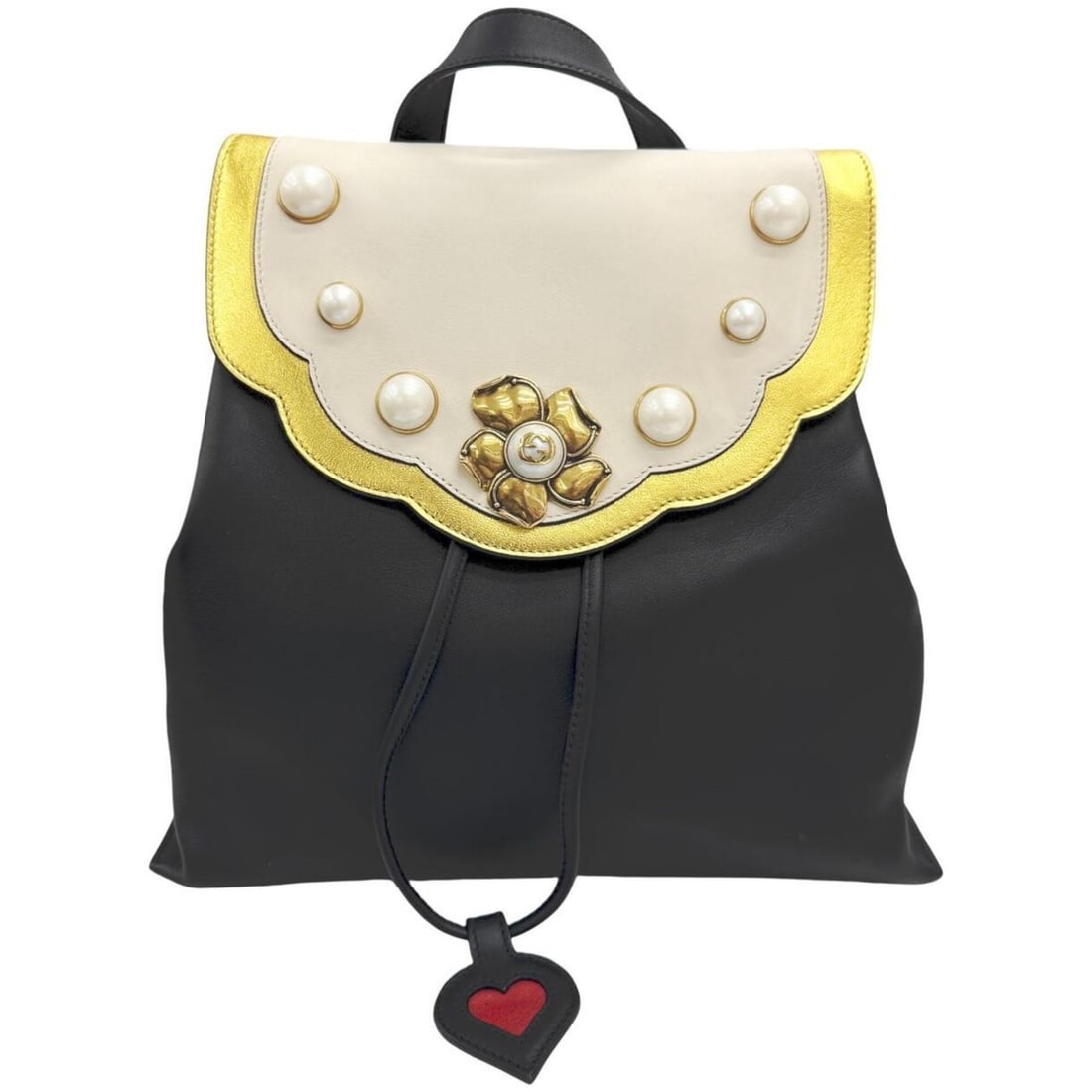 GUCCI GG Pearl Tricolor Bag, Faux Backpack, Leather, Black, 432270, Women's: --- Catalog ---Category: SizeSize (HxWxD): 27.5cm x 28.5cm x 13cm / 10.82'' x 11.22'' x 5.11''Category: DesignType: BackpackColor: Black, Gold, WhiteGender: WomenMaterial: Leather , Metal Category: Ge