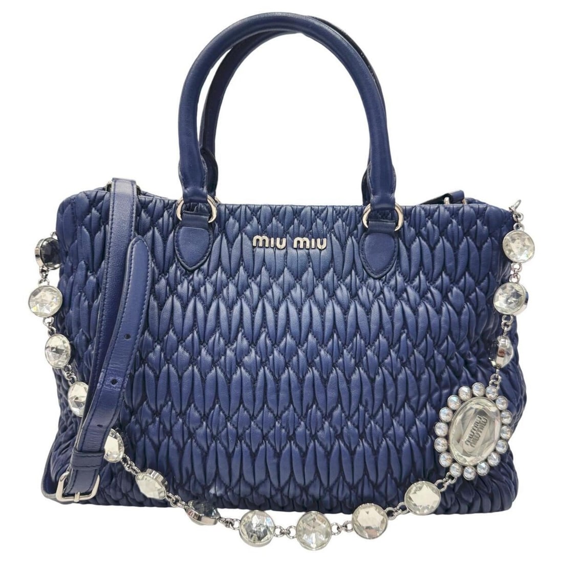 MIUMIU Miu Matelassé Nappa Crystal Leather Navy Bijou Women's: --- Catalog ---Category: SizeSize (HxWxD): 21cm x 28.5cm x 10.5cm / 8.26'' x 11.22'' x 4.13''Category: DesignType: Handbag, Shoulder bagColor: NavyGender: WomenMaterial: Leather Category: GeneralBrand