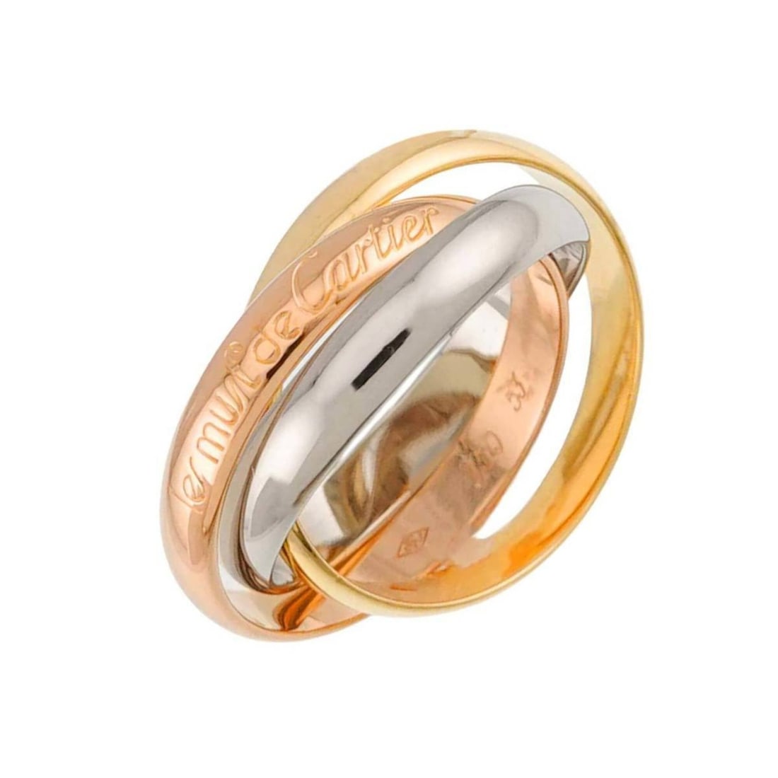 Cartier Trinity Ring #53 MM 18K YG WG PG Triple Band Three Gold Color 750: --- Catalog ---Category: SizeUS Size: 6.5Brand Size: 53Category: DesignType: Band ringGender: WomenMaterial: Pink gold (18K), White gold (18K), Yellow gold (18K)Category: GeneralBrand: Cartier--- Item