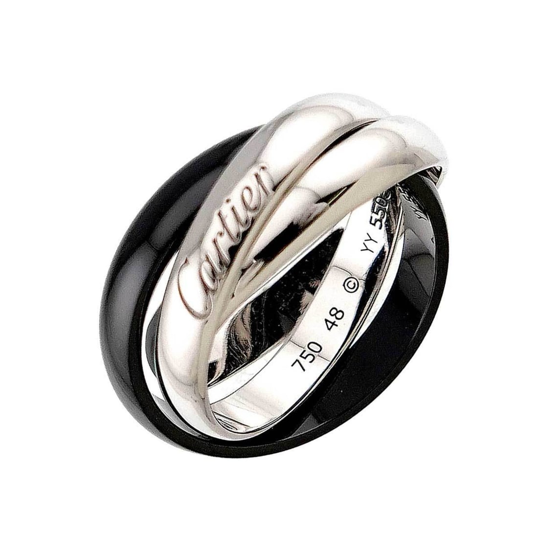 Cartier Trinity MM #48 Ring, Ceramic, 18K White Gold, Triple Band, 750 Gold.: --- Catalog ---Category: SizeUS Size: 4.5Brand Size: 48Category: DesignType: Band ringGender: WomenMaterial: Ceramic, White gold (18K)Category: GeneralBrand: Cartier--- Item List ---Section: Condition