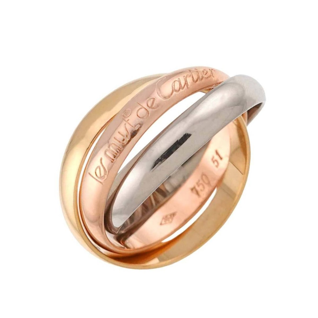 Cartier Trinity Medium MM #51 Ring, 18K Yellow Gold, White Pink Triple Band, Three 3 Colors, 750: --- Catalog ---Category: SizeUS Size: 6Brand Size: 51Category: DesignType: Band ringGender: WomenMaterial: Pink gold (18K), White gold (18K), Yellow gold (18K)Category: GeneralBrand: Cartier--- Item L