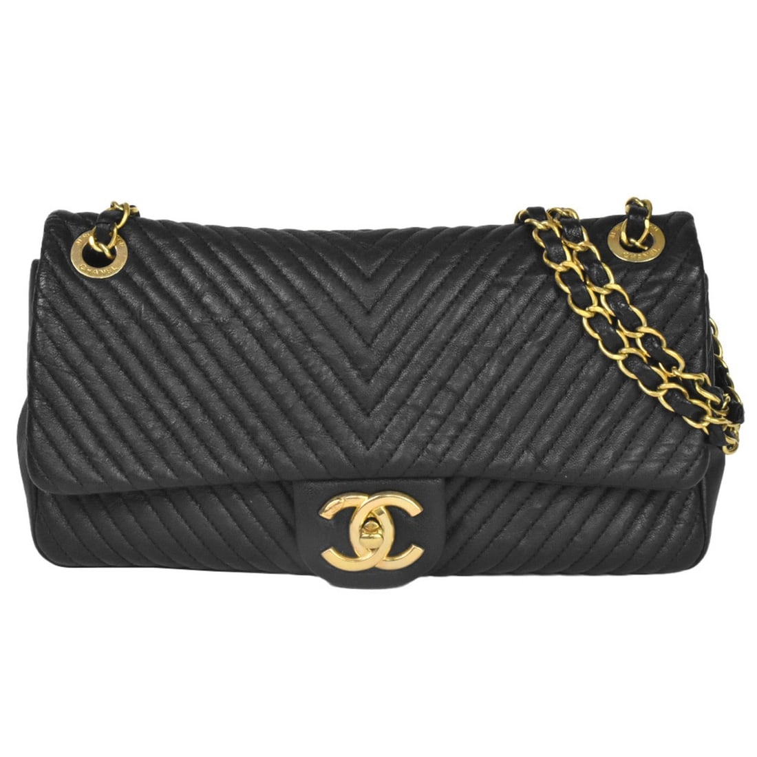 CHANEL Chevron V Stitch Coco Mark W Chain Shoulder Bag No. 18 (manufactured in 2014) Black Leather: --- Catalog ---Category: SizeSize (HxWxD): 15cm x 26cm x 6cm / 5.9'' x 10.23'' x 2.36''Strap Length: 106cm / 41.73''Category: DesignType: Shoulder bagColor: BlackGender: WomenClosure: Turn lockMateria