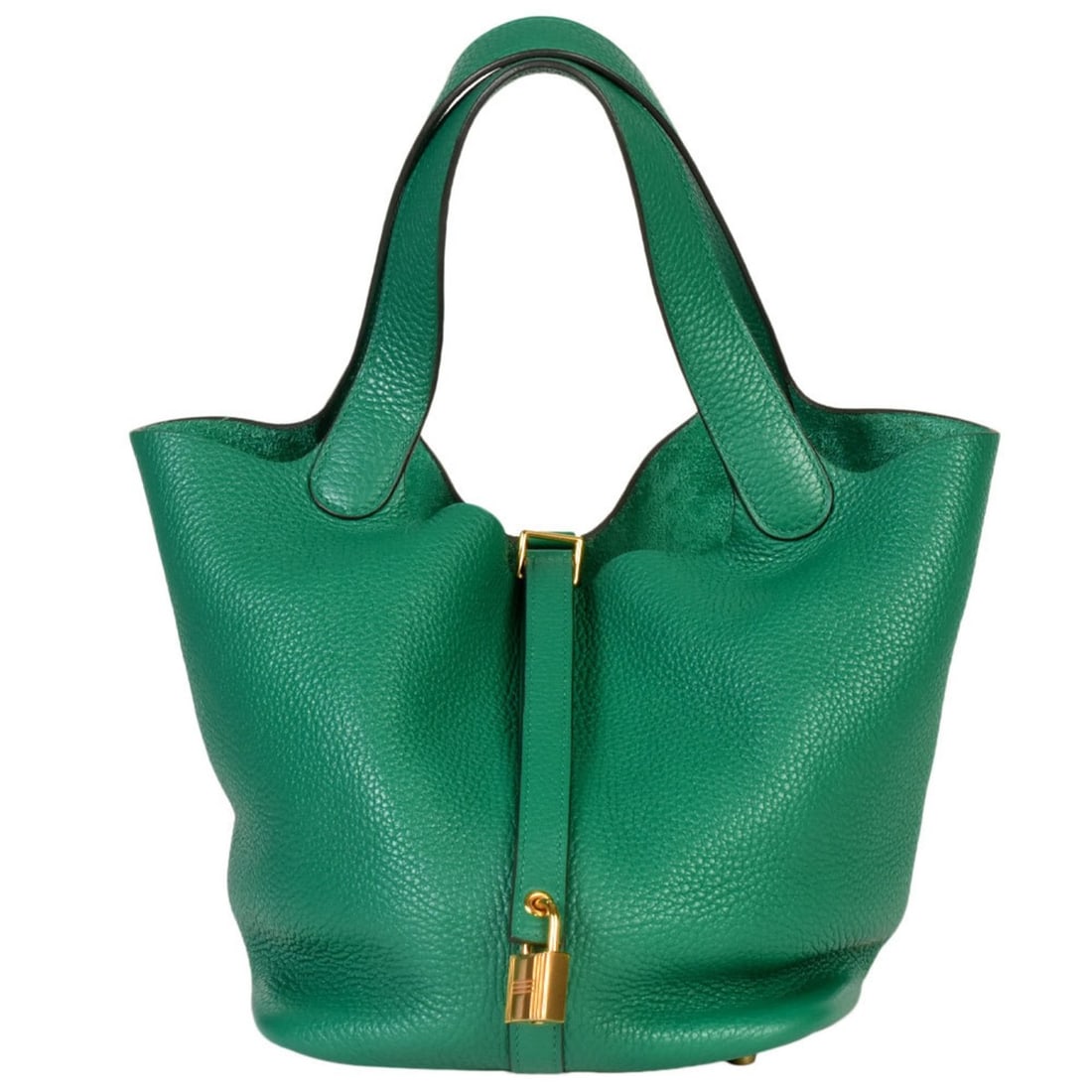 HERMES Picotan Lock MM Vert Vertigo Taurillon Clemence A stamp (2017) Green: --- Catalog ---Category: SizeSize (HxWxD): 21cm x 22cm x 18cm / 8.26'' x 8.66'' x 7.08''Handle Length: 36cm / 14.17''Category: DesignType: HandbagColor: GreenGender: WomenMaterial: Taurillon clemence 