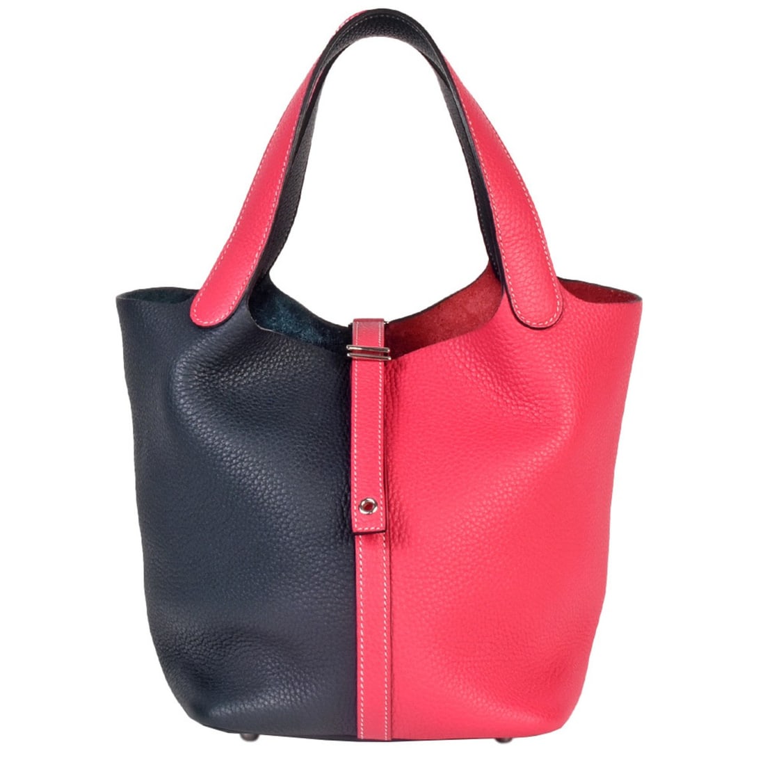 HERMES Picotan Lock MM Kazak Rose Extreme Blue Nuit Taurillon Clemence D stamp (2019) Pink x Navy: --- Catalog ---Category: SizeSize (HxWxD): 21cm x 22cm x 18cm / 8.26'' x 8.66'' x 7.08''Handle Length: 36cm / 14.17''Category: DesignType: HandbagColor: Blue nuit, Navy, PinkGender: WomenMaterial: Tau