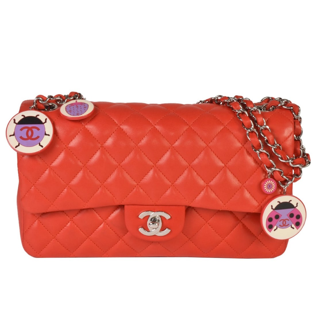 CHANEL Matelasse 25 No. 8 W Chain Shoulder Bag Coco Mark Ladybug Lambskin Red: --- Catalog ---Category: SizeSize (HxWxD): 16cm x 25cm x 6.5cm / 6.29'' x 9.84'' x 2.55''Strap Length: 88cm / 34.64''Handle Length: 54cm / 21.25''Category: DesignType: Shoulder bagColor: Red colorGend