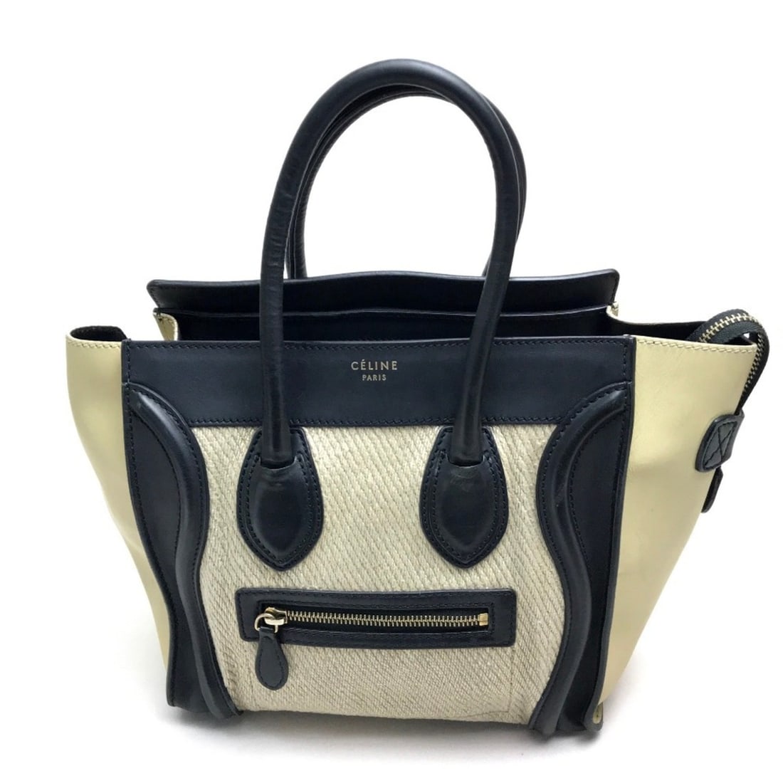 CELINE Micro Shopper Luggage Series Tote Bag Leather Linen Women's Beige x Black: --- Catalog ---Category: SizeSize (HxWxD): 26cm x 26cm x 13cm / 10.23'' x 10.23'' x 5.11''Category: DesignType: Tote bagColor: Beige, BlackGender: WomenMaterial: Leather , Hemp Category: GeneralBrand: