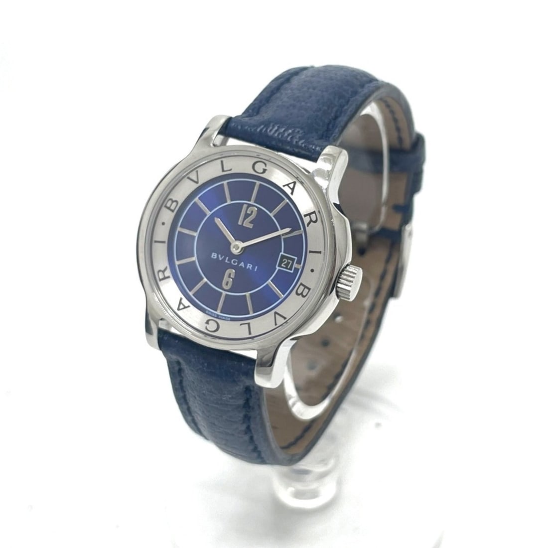 BVLGARI ST29 Solotempo JAL In-flight Exclusive Quartz Date Watch SS Leather Strap Ladies Silver: --- Catalog ---Category: SizeBand Width: 9mm / 0.35''Case Diameter: 29mm / 1.14''Case Thickness: 7mm / 0.28''Category: DesignType: WristwatchColor: SilverGender: WomenColor (Band): BlueColor (Dial): B