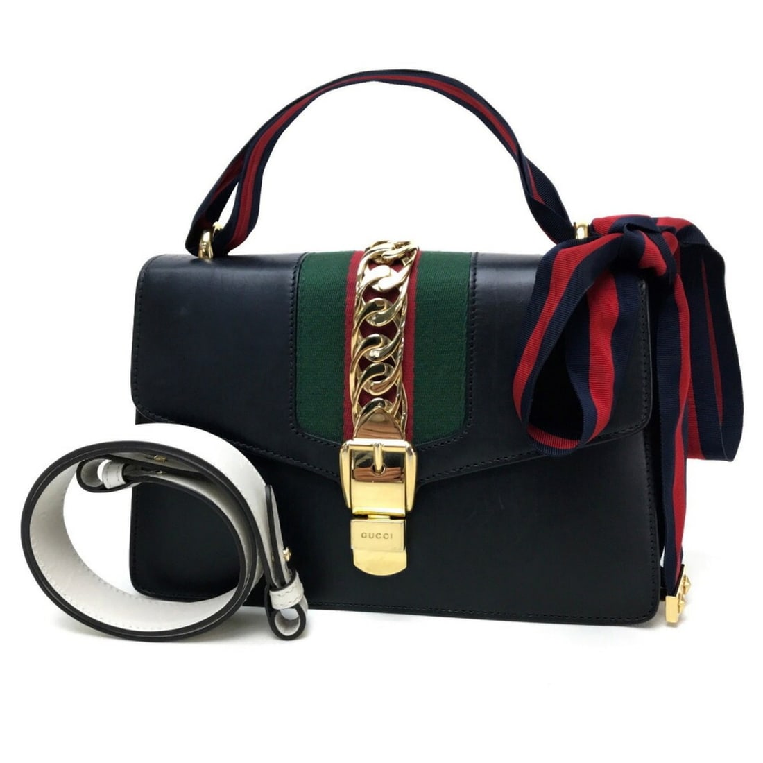 GUCCI 421882 Sherry Line Sylvie Small Ribbon Shoulder Bag Leather Women's Black: --- Catalog ---Category: SizeSize (HxWxD): 17cm x 25.5cm x 8cm / 6.69'' x 10.03'' x 3.14''Category: DesignType: Handbag, Shoulder bagColor: BlackGender: WomenMaterial: Leather Category: GeneralBrand: 