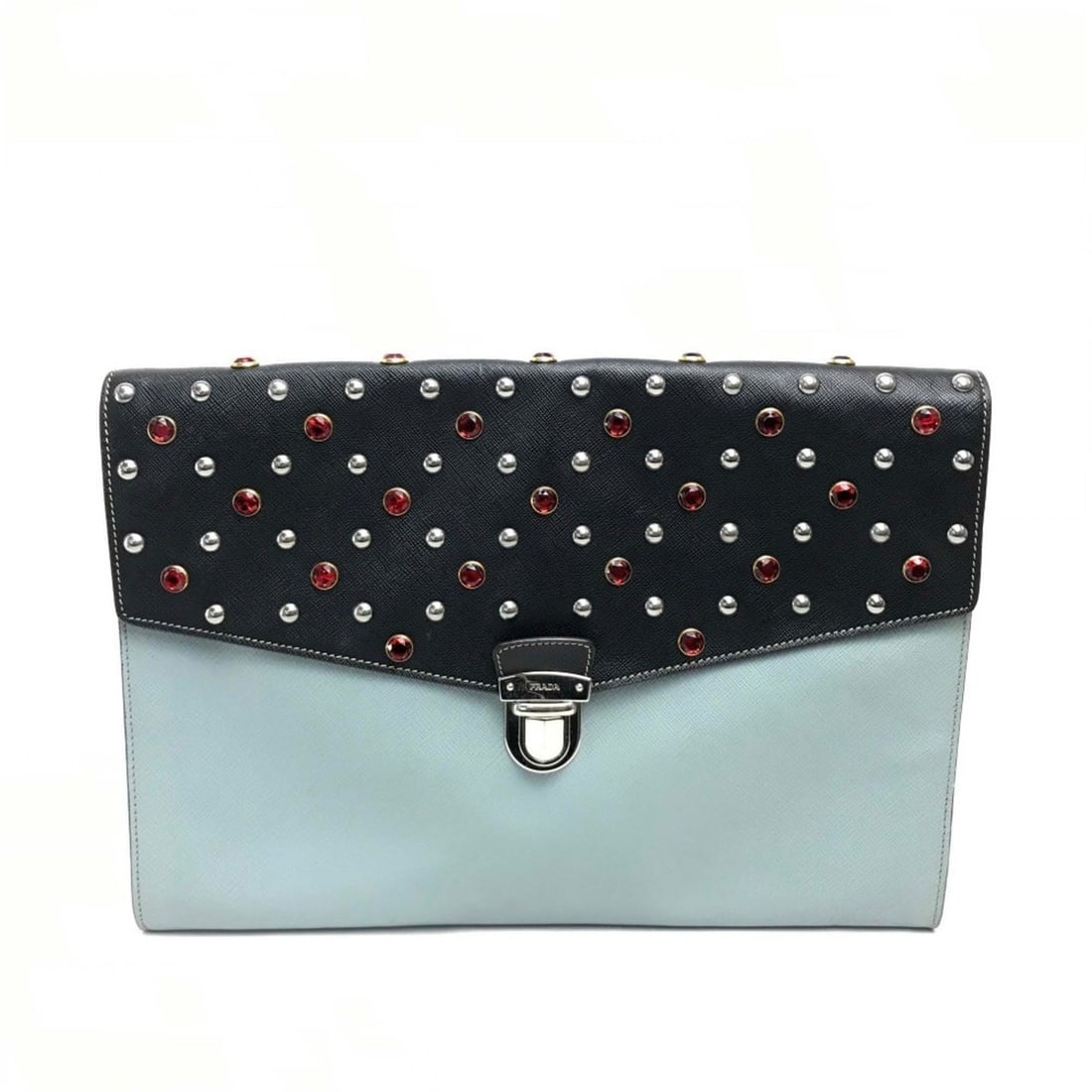 PRADA VR074C Saffiano Jewel x Studs Flap Clutch Bag Leather Men's Women's Black: --- Catalog ---Category: SizeSize (HxWxD): 25cm x 36cm / 9.84'' x 14.17''Category: DesignType: Clutch bagColor: Black, Light blueGender: Men,Women,UnisexClosure: FlapMaterial: Leather Inner Pocket: Zi