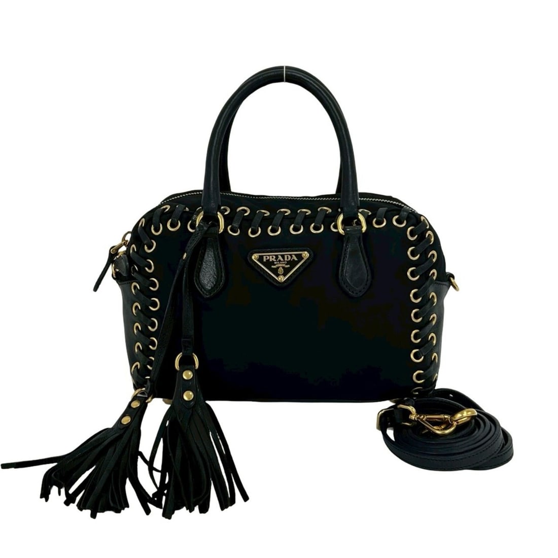 PRADA Prada Triangle Logo Hardware Nylon Leather Genuine Stud Tassel 2-way Handbag Shoulder Bag: --- Catalog ---Category: SizeSize (HxWxD): 13cm x 21cm x 10cm / 5.11'' x 8.26'' x 3.93''Category: DesignType: Handbag, Shoulder bagColor: BlackGender: WomenMaterial: Nylon , Leather Category: GeneralB