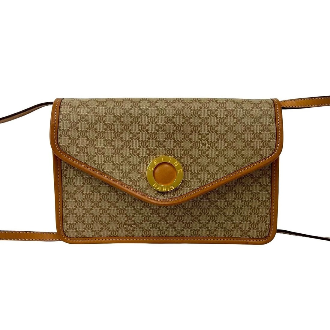 CELINE Vintage Circle Logo Hardware Macadam Pattern Leather Shoulder Bag Pochette Beige Brown 39469: --- Catalog ---Category: SizeSize (HxWxD): 18cm x 26cm x 6cm / 7.08'' x 10.23'' x 2.36''Category: DesignType: Pochette, Shoulder bagColor: Beige, BrownGender: WomenMaterial: PVC , Leather Category: Ge