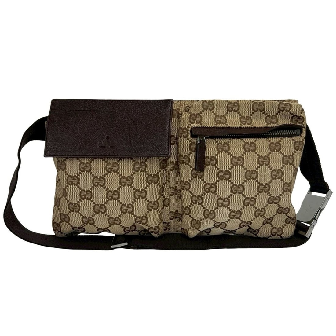 GUCCI logo-embossed GG pattern canvas and leather body bag/waist pouch/shoulder bag, brown, 55553: --- Catalog ---Category: SizeSize (HxWxD): 17cm x 28.5cm x 2cm / 6.69'' x 11.22'' x 0.78''Category: DesignType: Pouch, Shoulder bag, Sling bagColor: BrownGender: WomenMaterial: Canvas , Leather Catego
