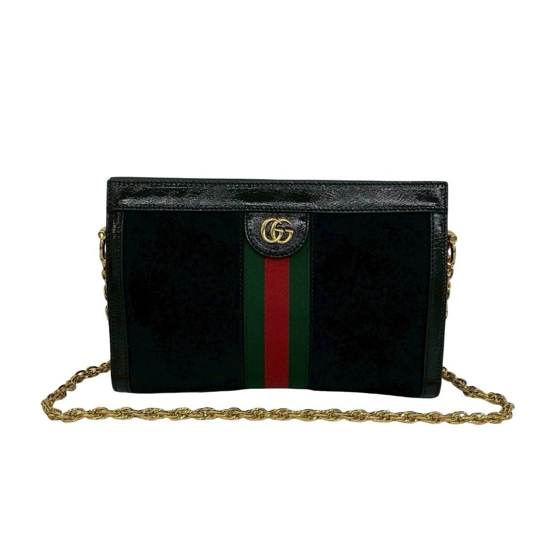 GUCCI Ophidia Sherry Line GG Logo Hardware Suede Patent Leather Shoulder Bag Black 88048: --- Catalog ---Category: SizeSize (HxWxD): 17cm x 26cm x 8cm / 6.69'' x 10.23'' x 3.14''Category: DesignType: Shoulder bagColor: Black, Green, Red colorGender: WomenMaterial: Patent leather , Suede Ca