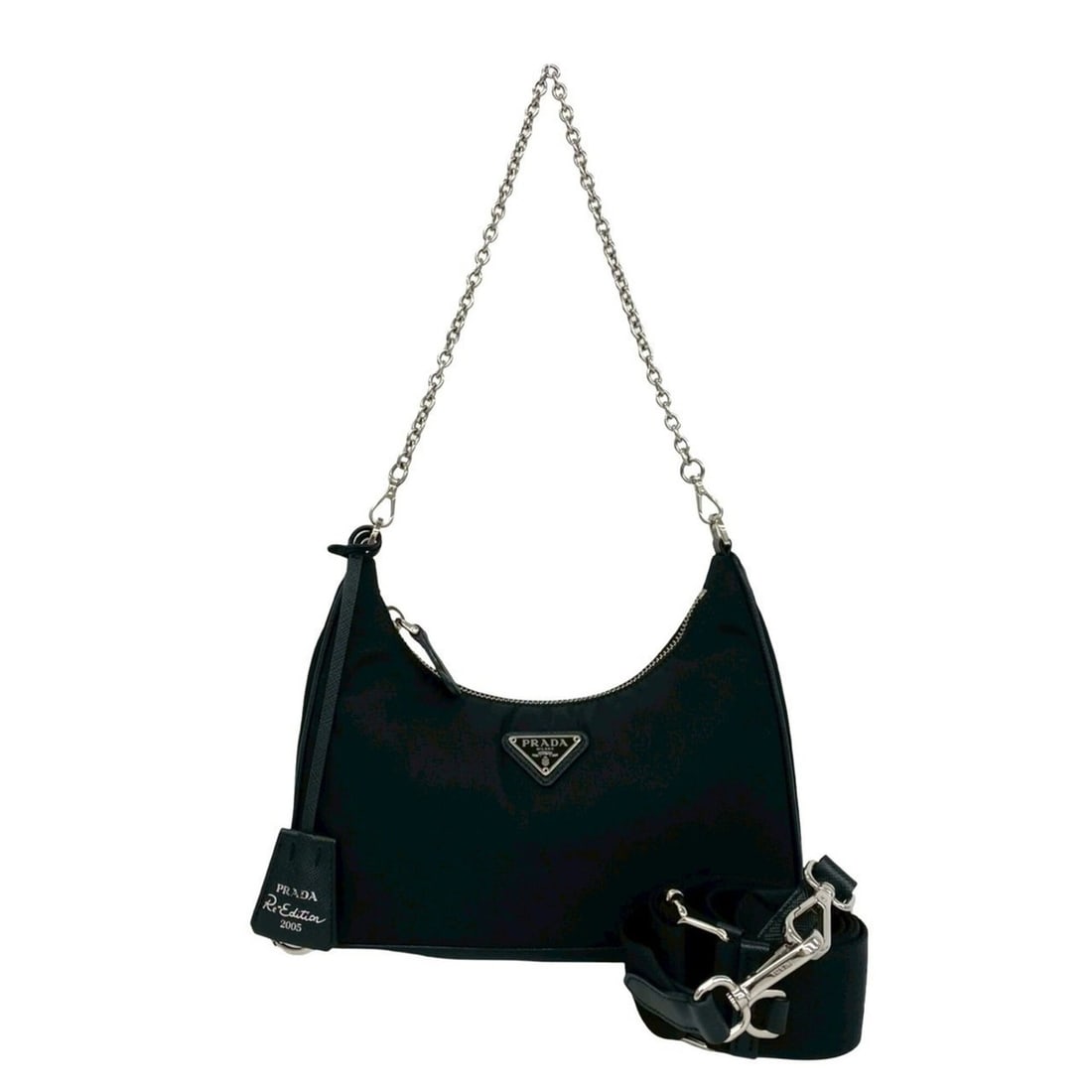 PRADA Re-Edition Triangle Logo Hardware Nylon Leather Chain 2-Way Shoulder Bag Sacoche Black b79-7: --- Catalog ---Category: SizeSize (HxWxD): 12cm x 21.5cm / 4.72'' x 8.46''Category: DesignType: Pouch, Shoulder bagColor: BlackGender: WomenMaterial: Nylon , Leather Category: GeneralBrand: Prada--- I