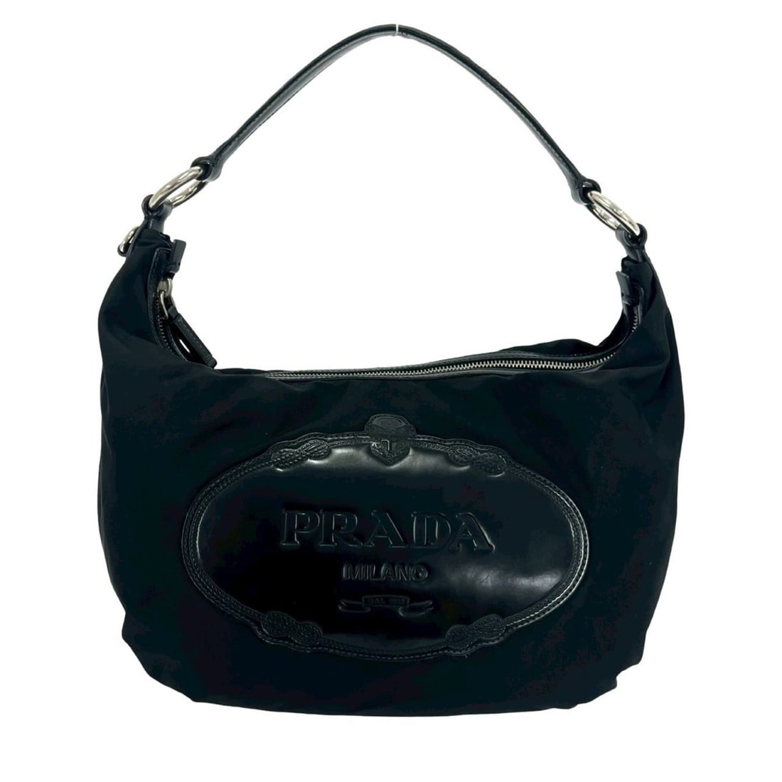 PRADA logo embossed nylon and leather semi-one shoulder bag/mini tote bag in black (item number: --- Catalog ---Category: SizeSize (HxWxD): 21cm x 36cm x 13cm / 8.26'' x 14.17'' x 5.11''Category: DesignType: Shoulder bag, Tote bagColor: BlackGender: WomenMaterial: Nylon , Leather Category: Genera