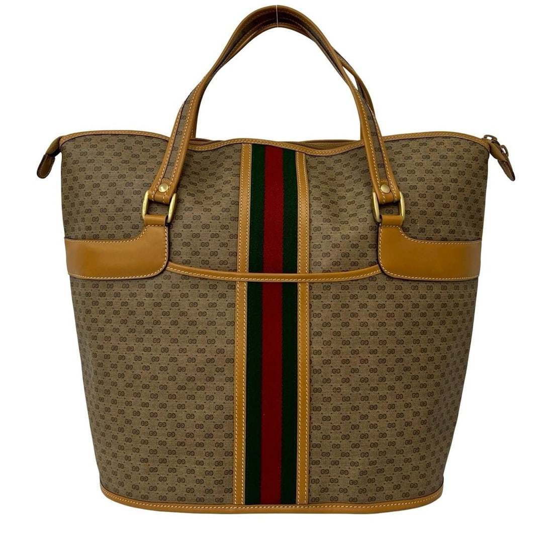GUCCI Vintage Sherry Line Micro GG Pattern Leather Tote Bag Handbag Brown 22482: --- Catalog ---Category: SizeSize (HxWxD): 39.5cm x 39cm x 24cm / 15.55'' x 15.35'' x 9.44''Category: DesignType: Handbag, Tote bagColor: Brown, Green, Red colorGender: WomenMaterial: Leather , PVC Ca